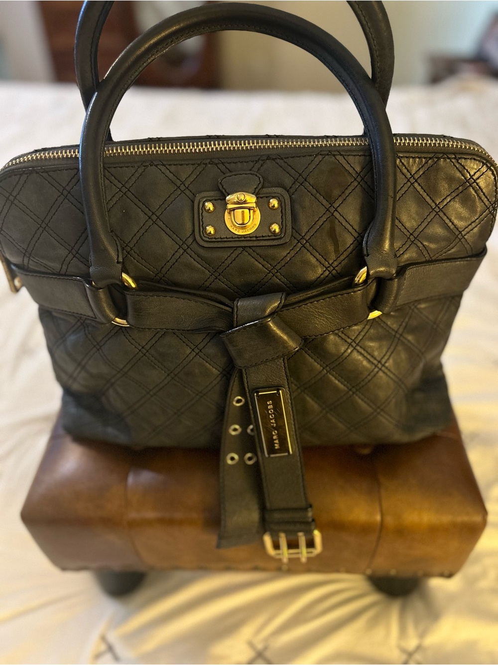 Marc Jacobs Black Quilted Leather Satchel with Belt Detail